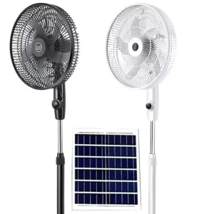 Solar Rechargeable Standing Fan 16” Solar Panel, USB, Lamp, 12000 mAH Battery